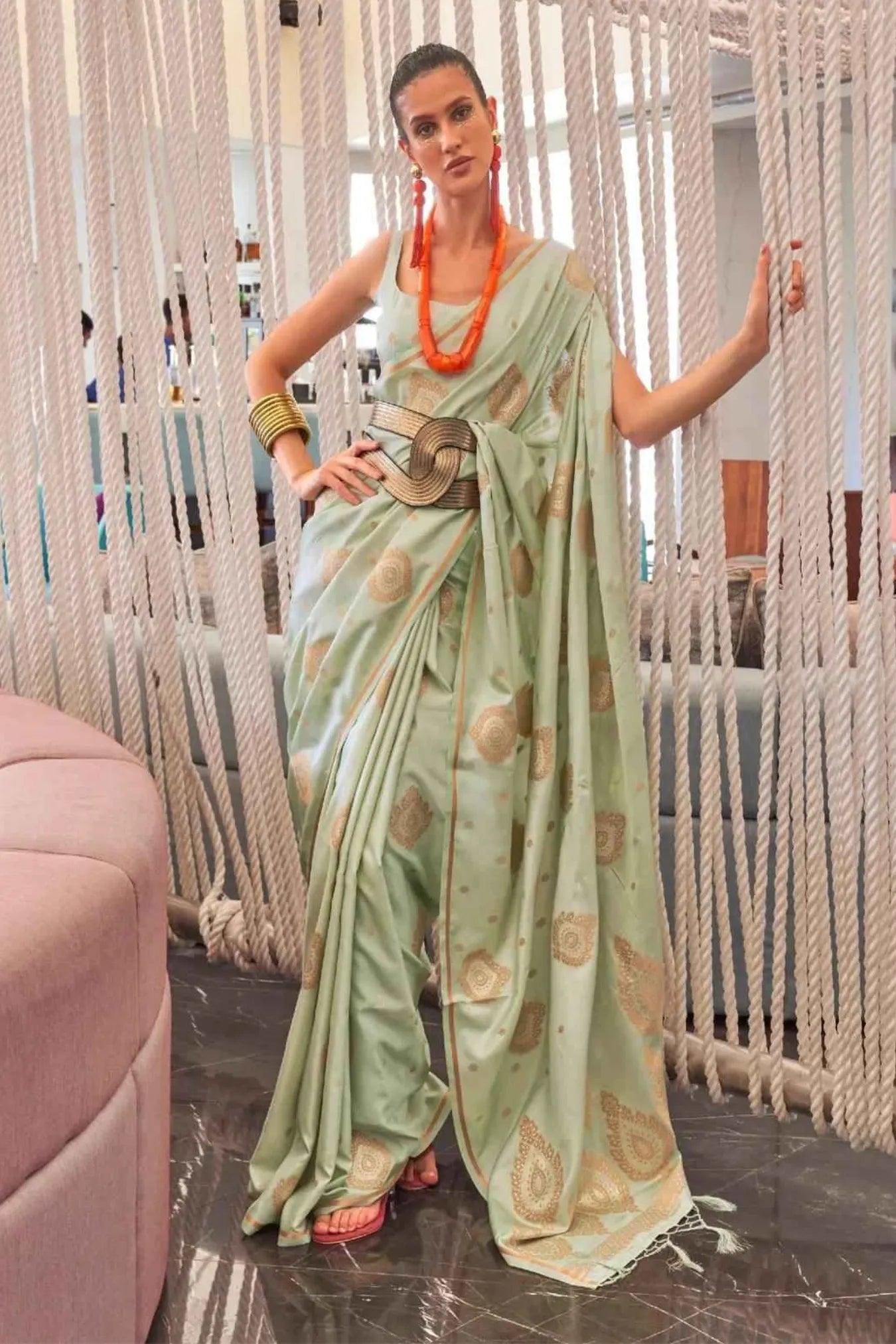 Pista Green Colour Gold Zari Butta Weaving Satin Silk Saree