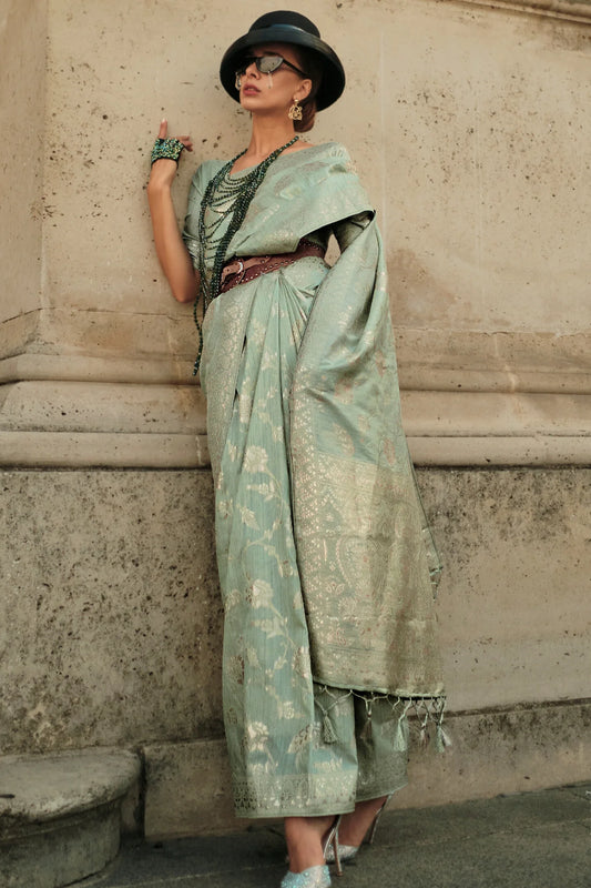 Pista Green Colour Gota Zari Handwoven Kanjivaram Silk Saree