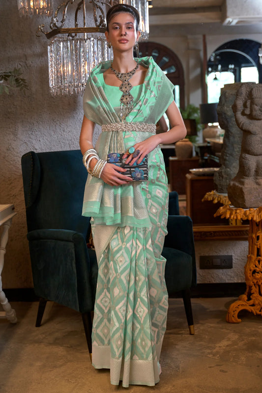 Pista Green Colour Handloom Woven Pure Linen Silk Saree 