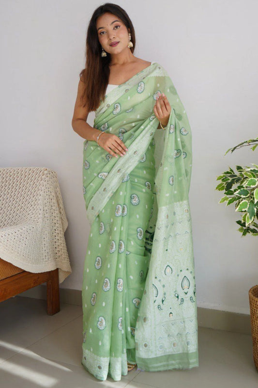 Pista Green Colour Jacquard Woven Cotton Linen Silk Saree