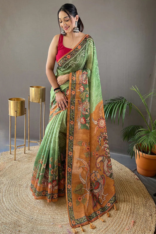Pista Green Colour Kalamkari Tussar Silk Saree