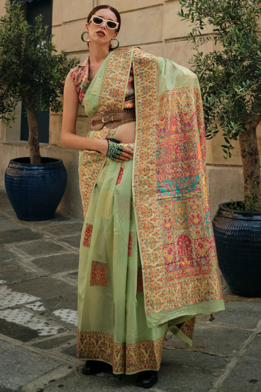 Pista Green Colour Kashmiri Handloom Silk Saree 