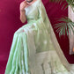 Pista Green Colour Lucknowi Linen Cotton Silk Saree