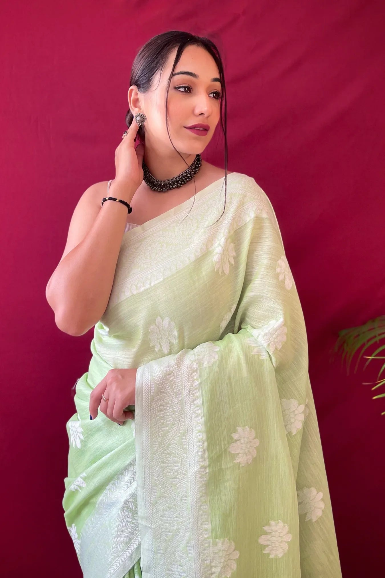 Pista Green Colour Lucknowi Linen Cotton Silk Saree