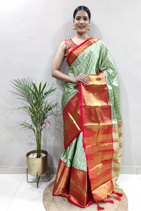 Pista Green Colour Ready To Wear Kanjivaram Silk Saree