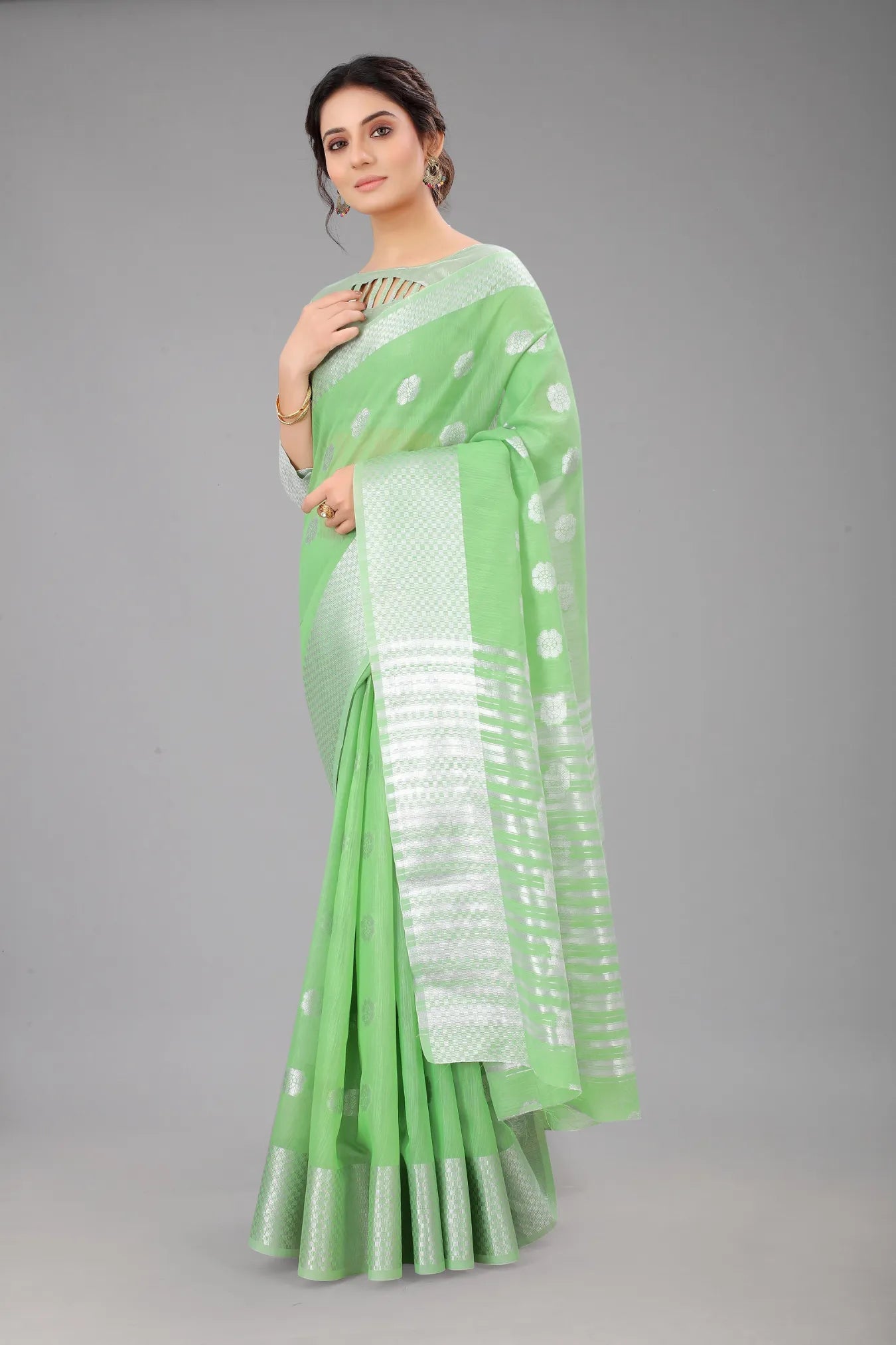 Pista Green Colour Ready To Wear Linen Cotton Silk Saree