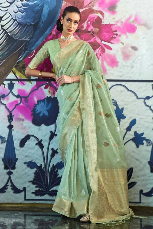 Pista Green Colour Wedding Wear Fancy Zari Woven Organza Silk Saree 