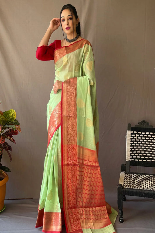 Pista Green Colour Zari Woven Linen Silk Saree