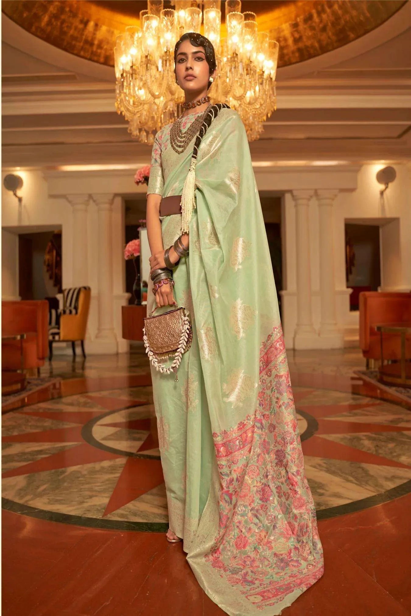 Pista Green Colour Handloom Woven Banarasi Silk Saree