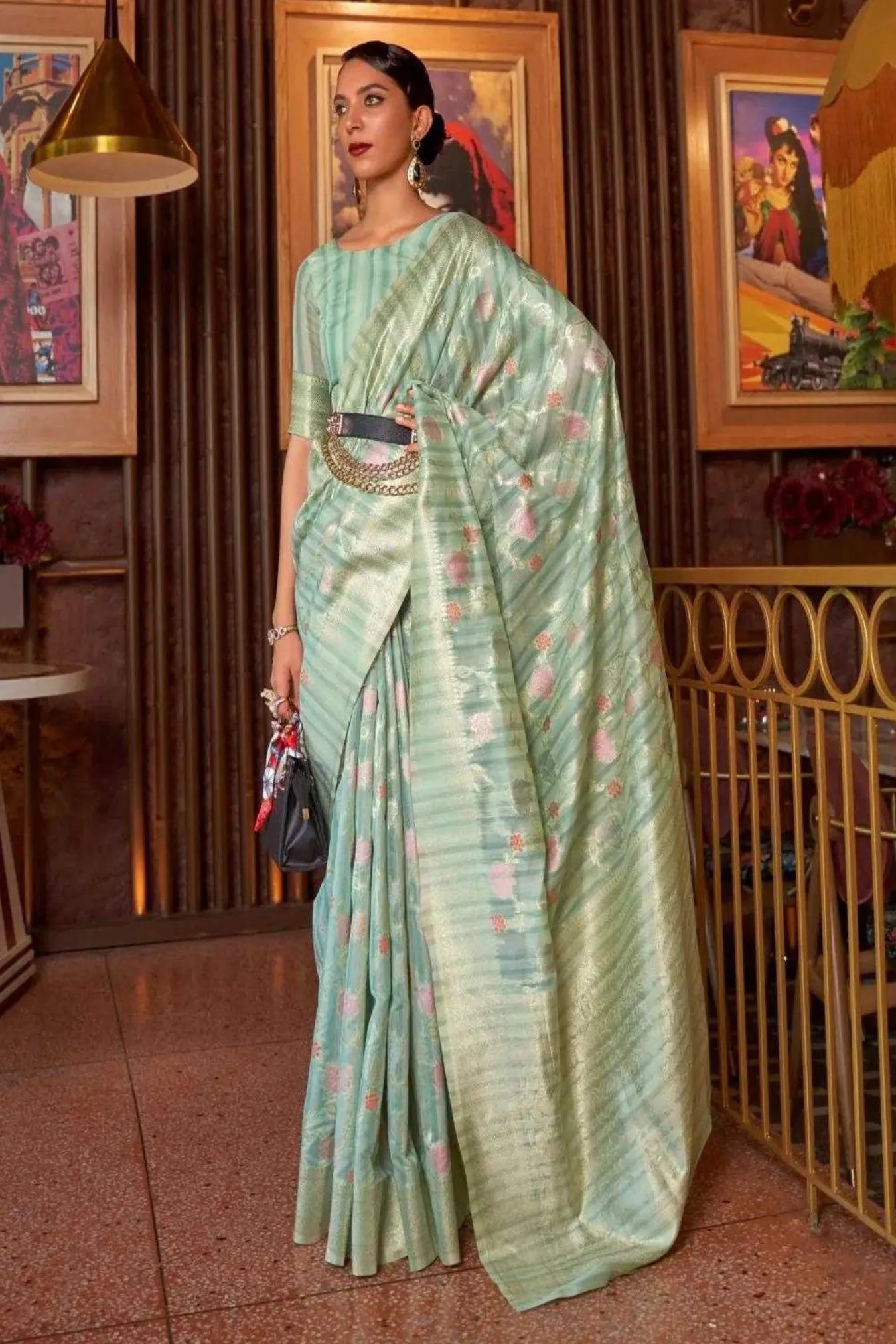 Pista Green Colour Wedding Festive Wear Linen Silk Saree