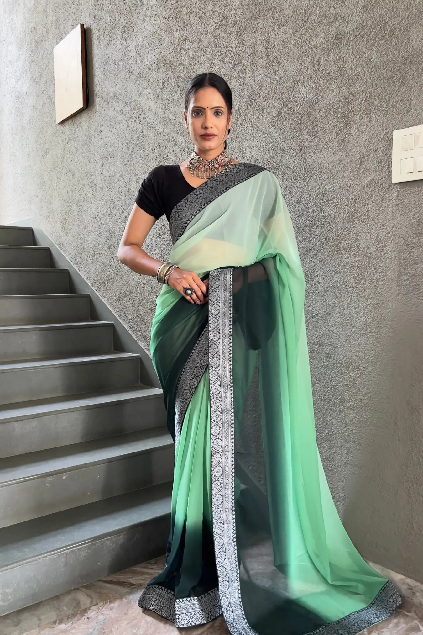 Pista Green Colour Georgette Silk Two Shaded Ready To Wear Saree
