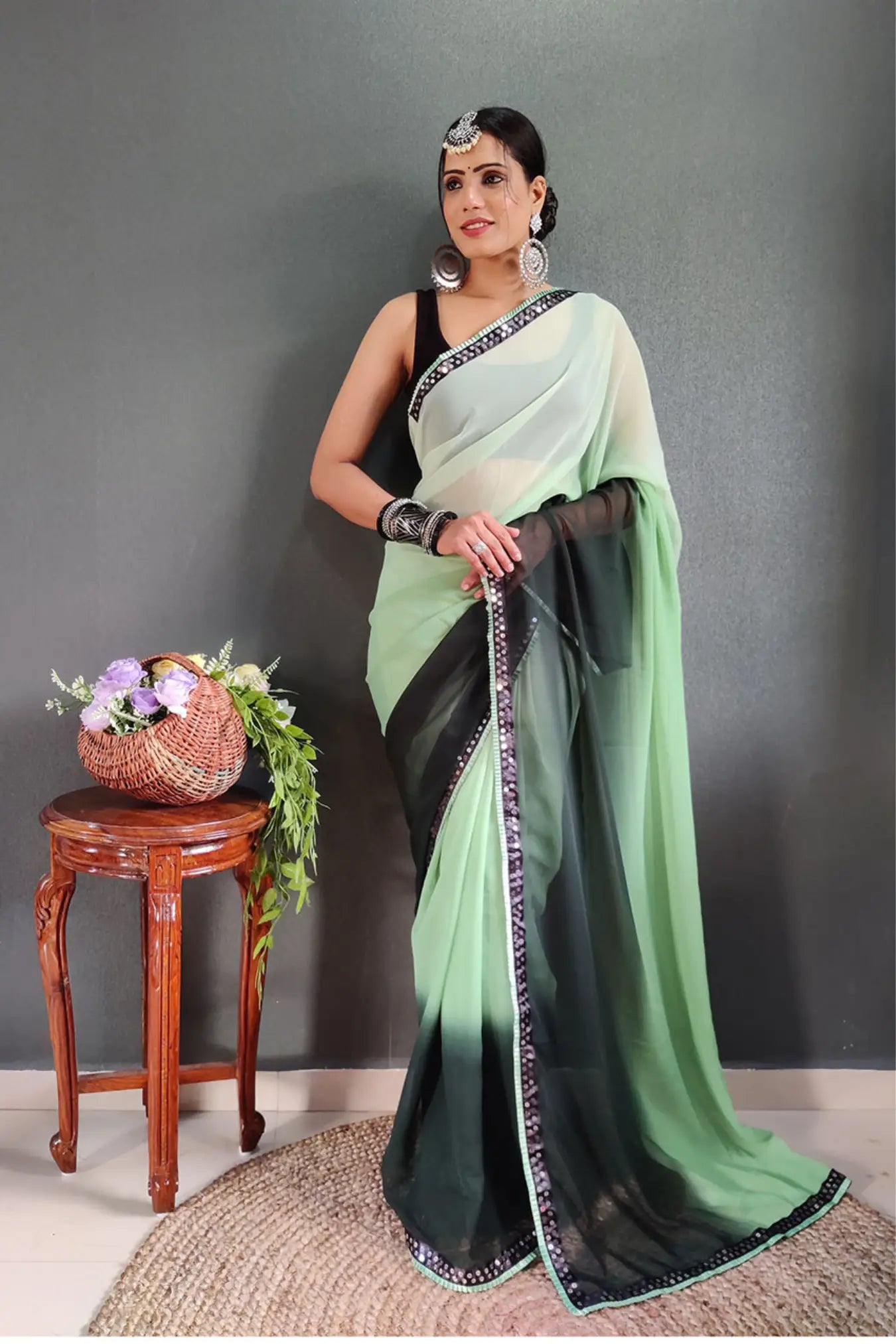 Pista Green Colour Ready To Wear Two Colors Shaded Silk Saree
