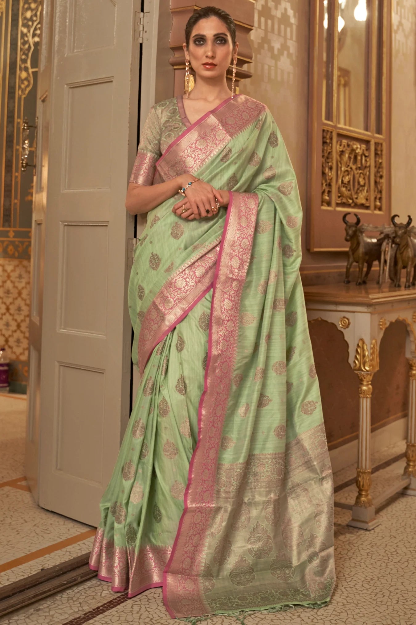 Pista Green Colour Zari Woven Banarasi Silk Saree