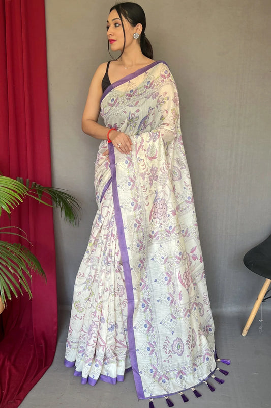 Purple Colour Cotton Katha Printed Silk Saree