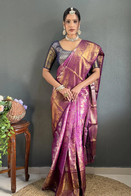 Purple Colour Zari Woven Ready To Wear Kanjivaram Silk Saree
