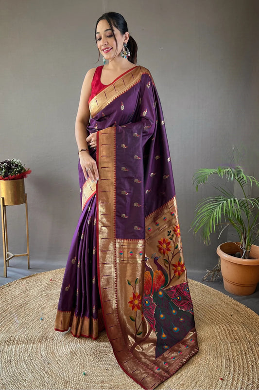 Purple Colour Contrast Border Weaving Paithani Silk Saree