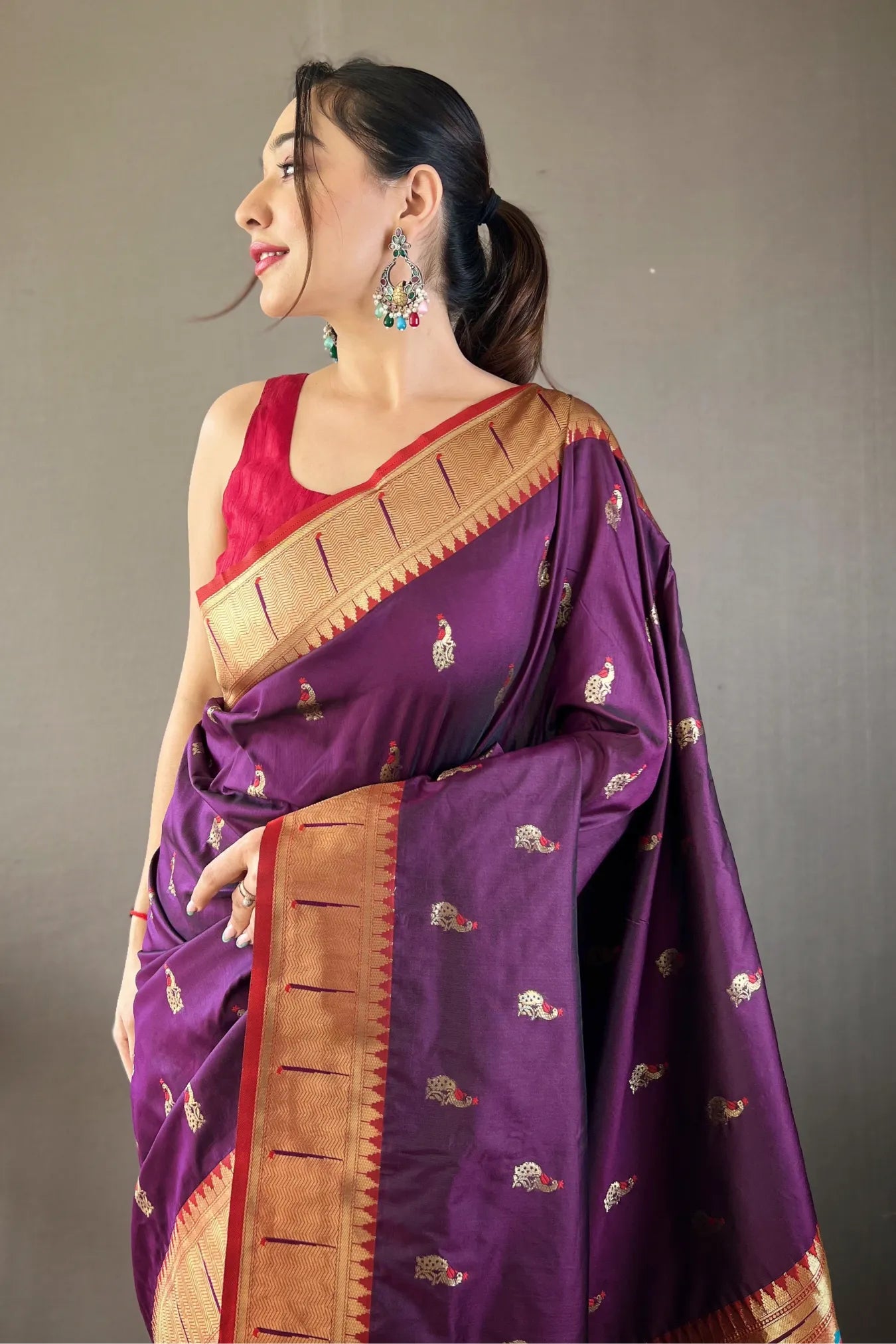 Purple Colour Contrast Border Weaving Paithani Silk Saree
