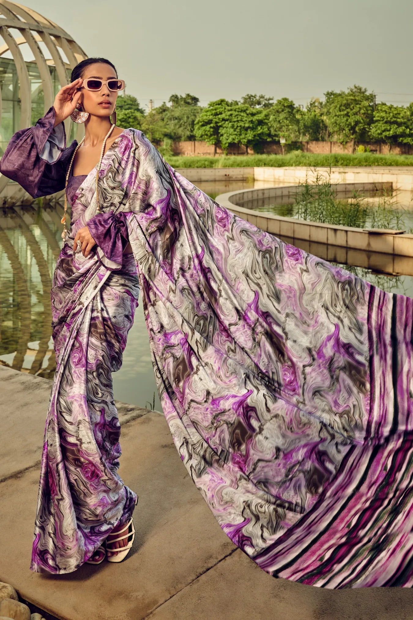 Purple Colour Floral Printed Classic Satin Silk Saree