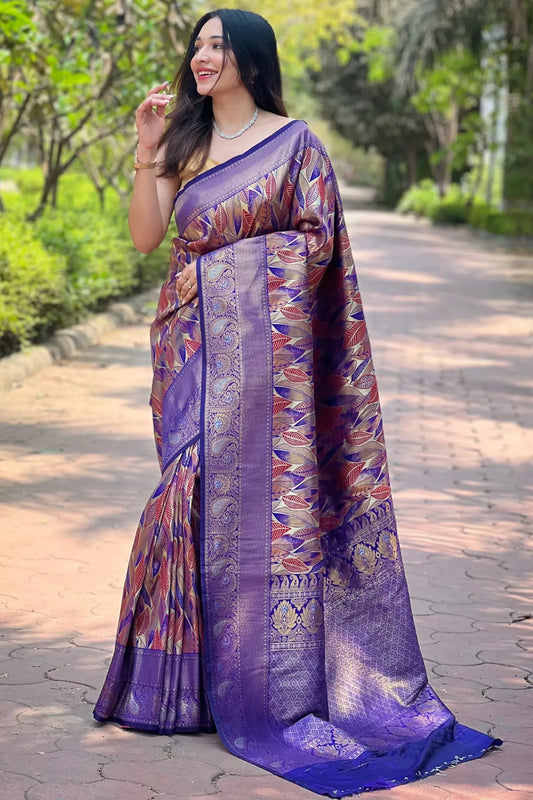 Purple Colour Leaf Floral Designer Kanjivaram Silk Saree