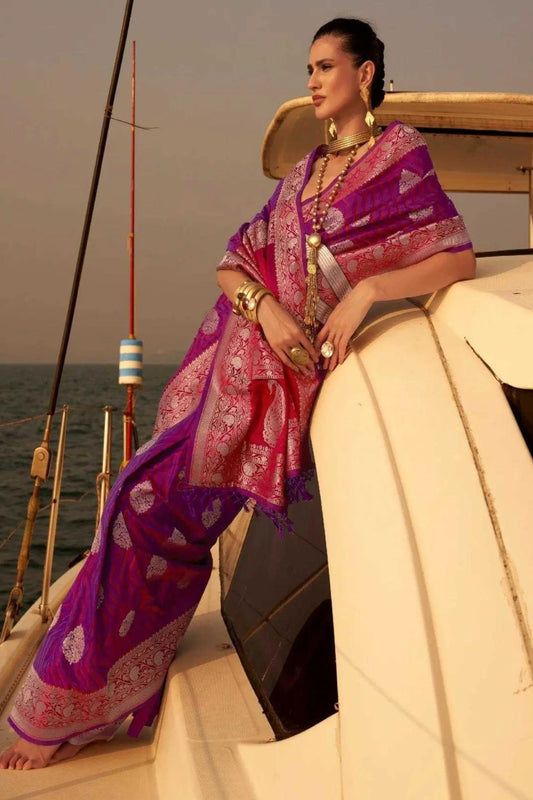 Purple Colour Party Wear Embroidered Satin Silk Saree 