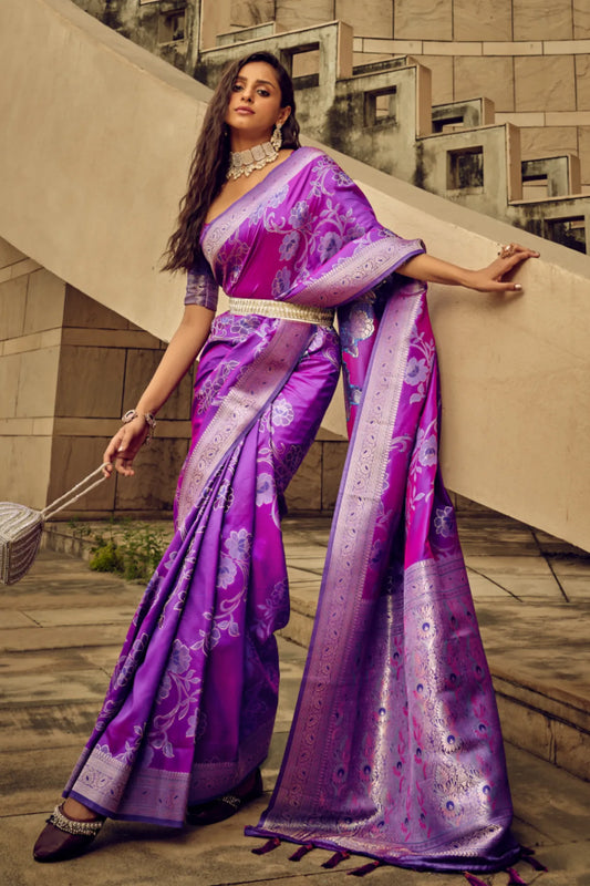 Purple Colour Festive Wear Floral Crepe Satin Silk Saree