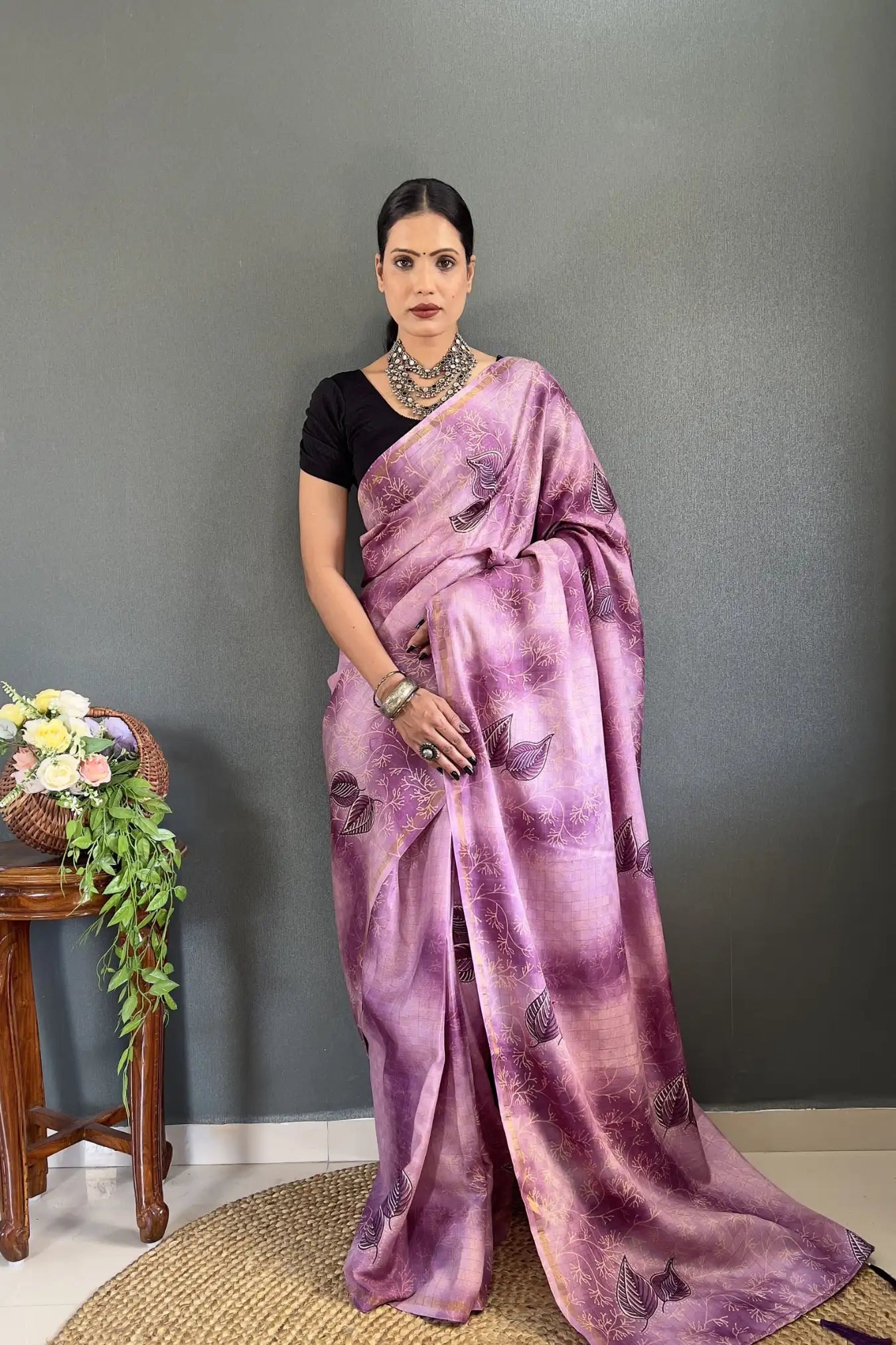 Purple Colour Digital Printed Silk Cotton Ready To Wear Saree