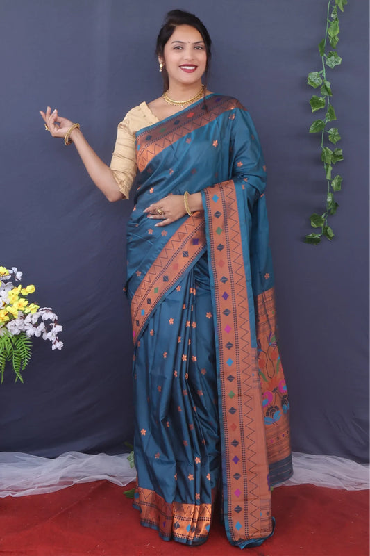 Rama Blue Colour Designer Zari Weaving Paithani Silk Saree