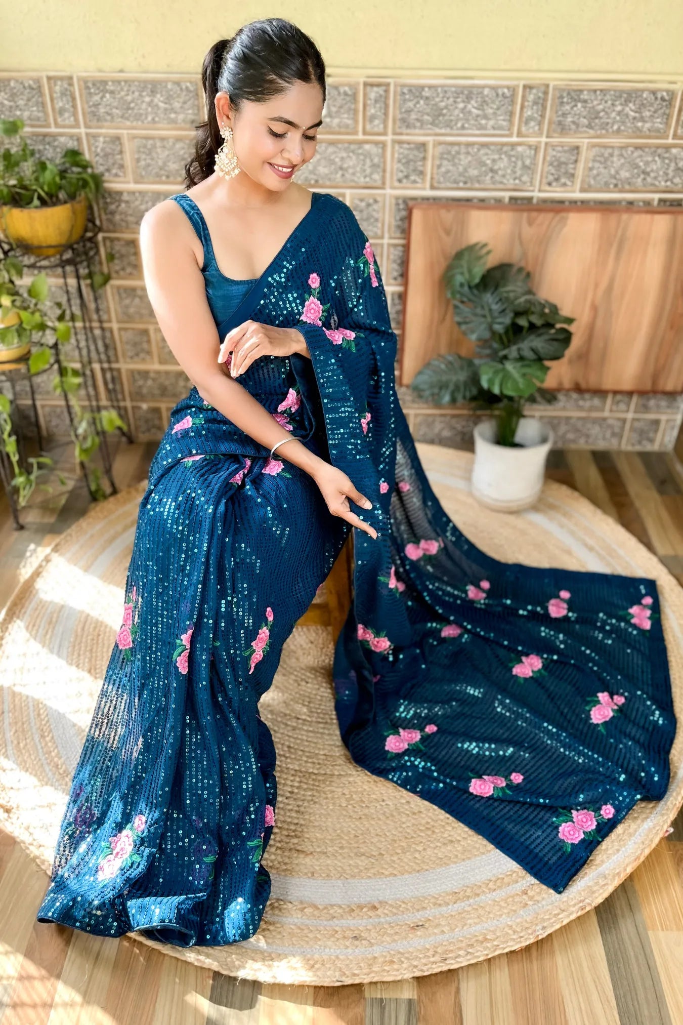 Rama Blue Colour Georgette Sequence Embroidery Work Silk Saree