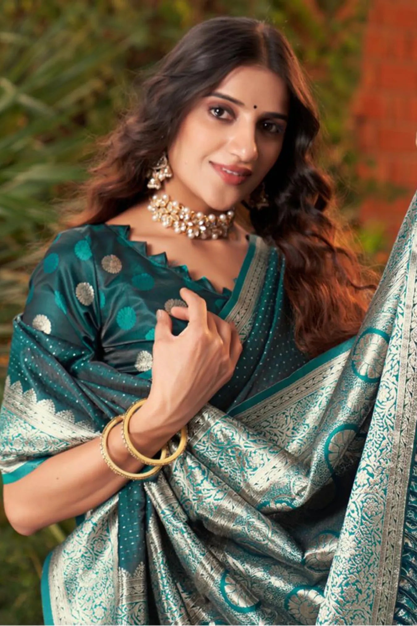 Rama Green Colour Woven Design Satin Silk Saree 