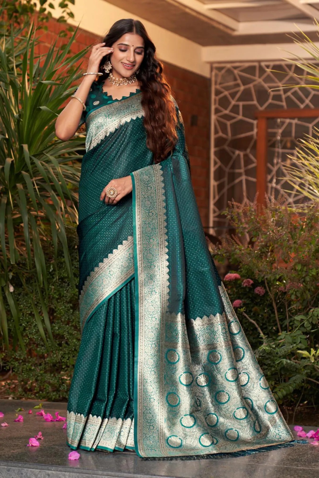 Rama Green Colour Woven Design Satin Silk Saree 