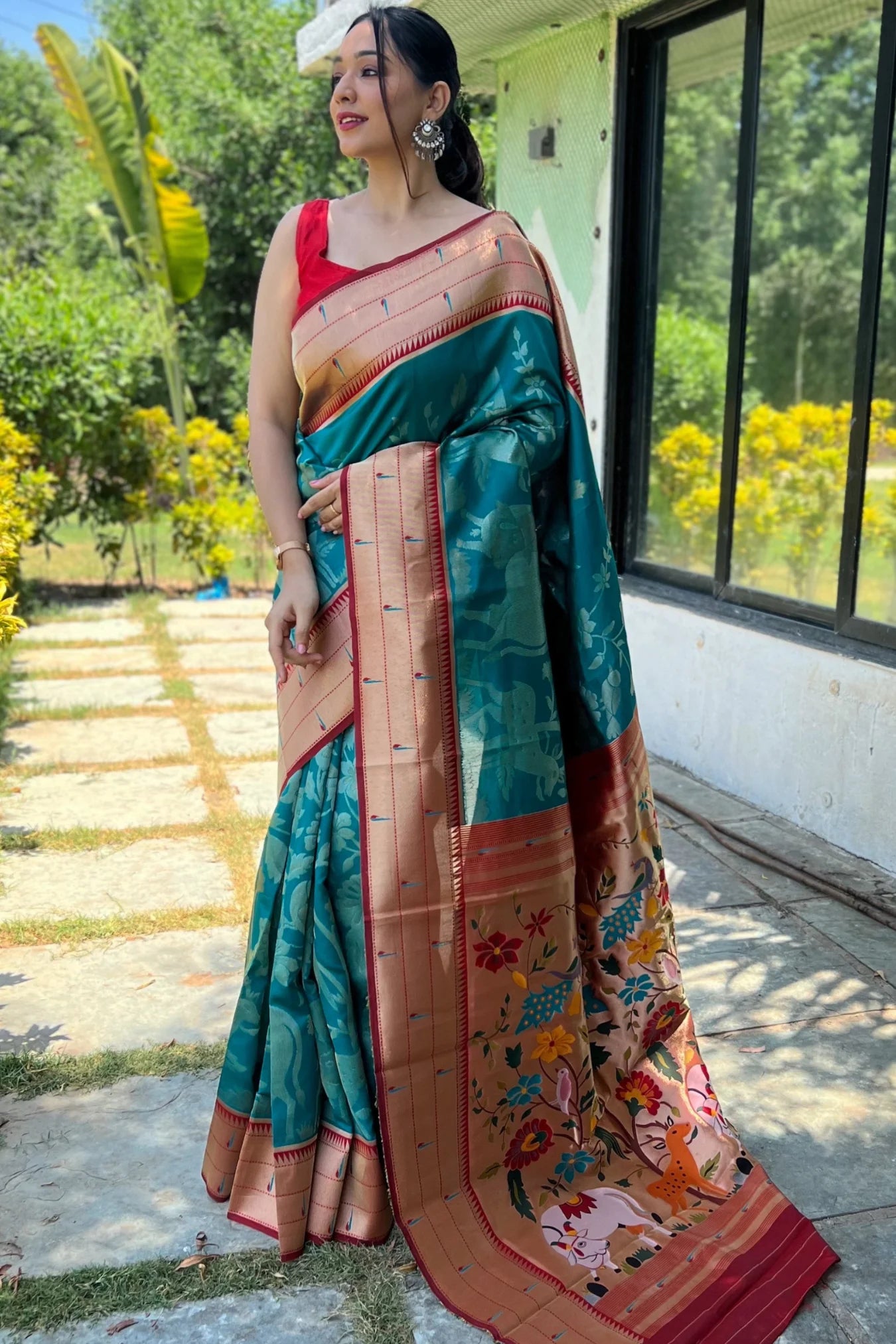 Rama Blue Colour Floral Woven Soft Paithani Silk Saree