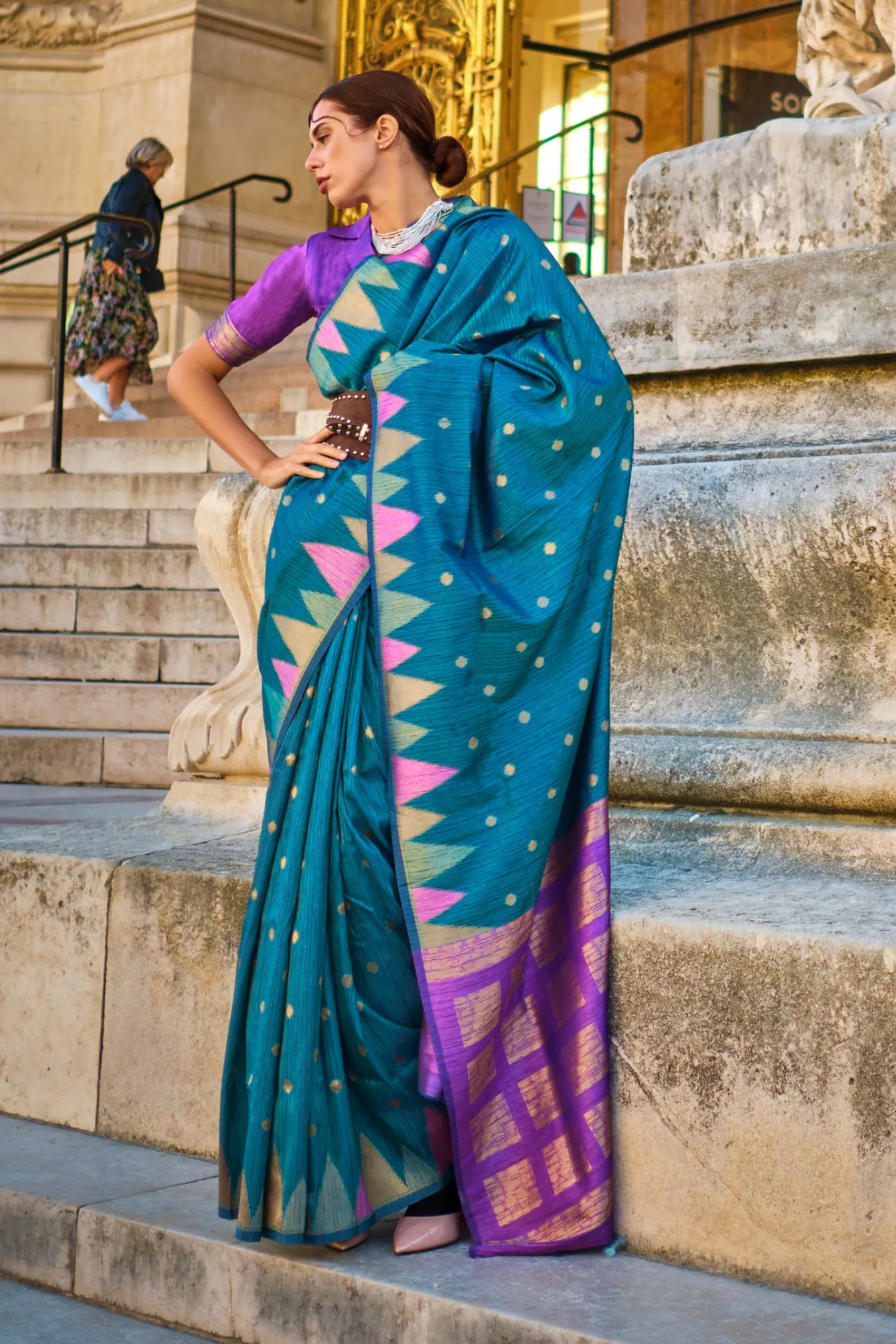 Rama Blue Colour Zari Weaving Handloom Silk Saree