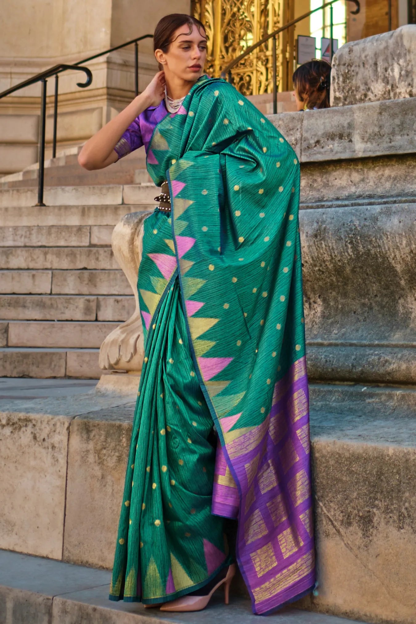 Rama Green Colour Zari Weaving Handloom Silk Saree