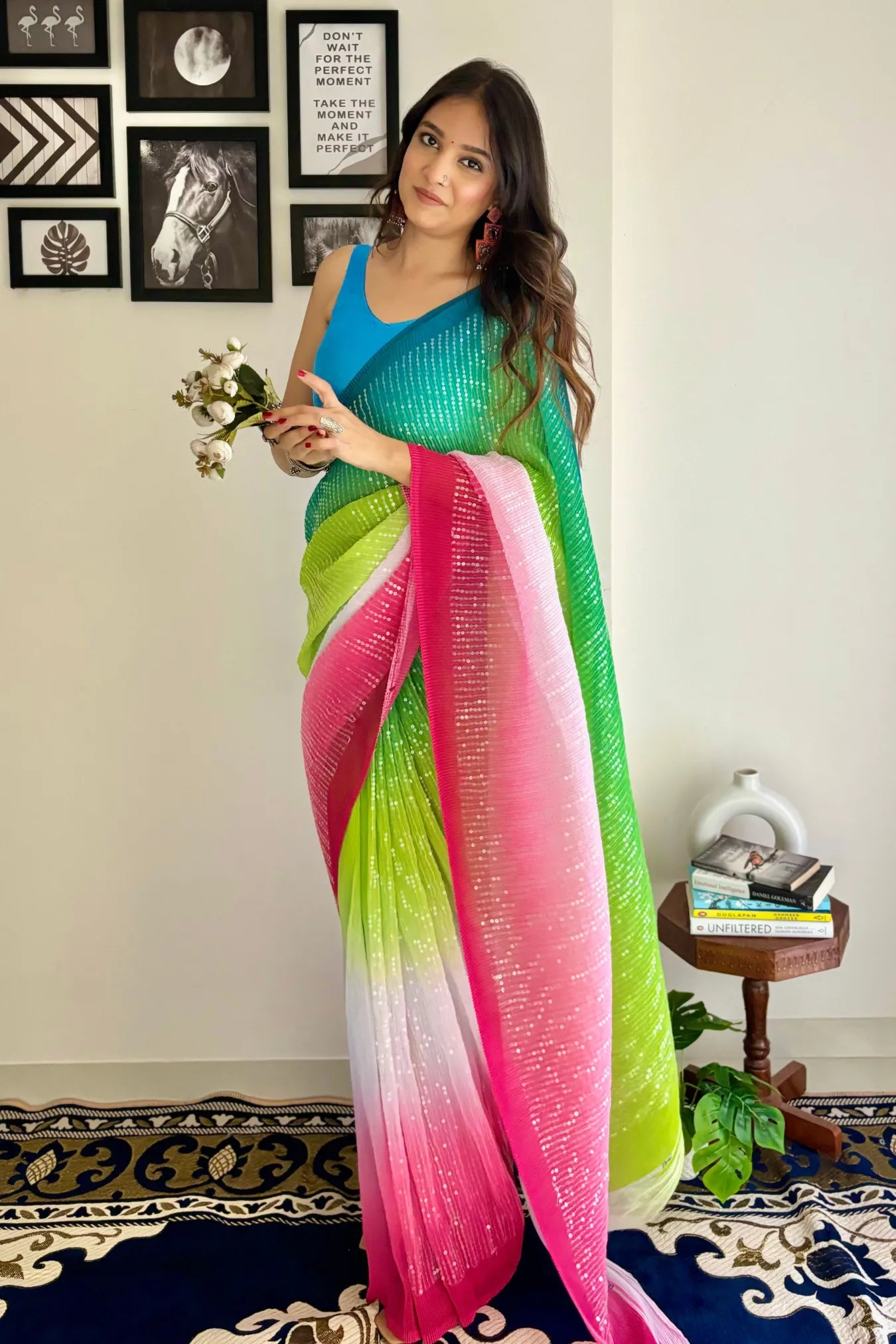 Rani Pink Colour Designer Ethnic Sequin Party Wear Silk Saree