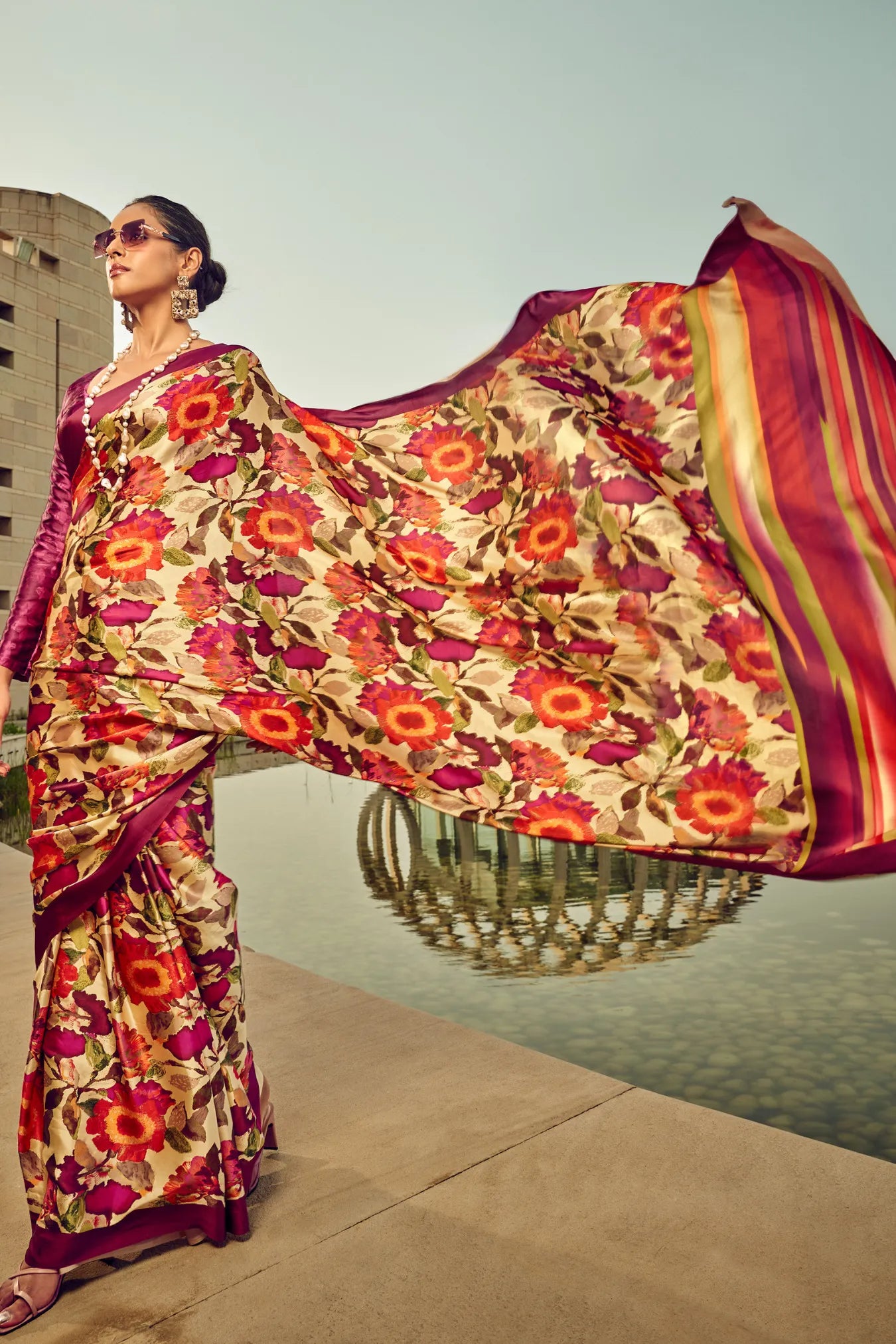 Red Colour Floral Printed Classic Satin Silk Saree
