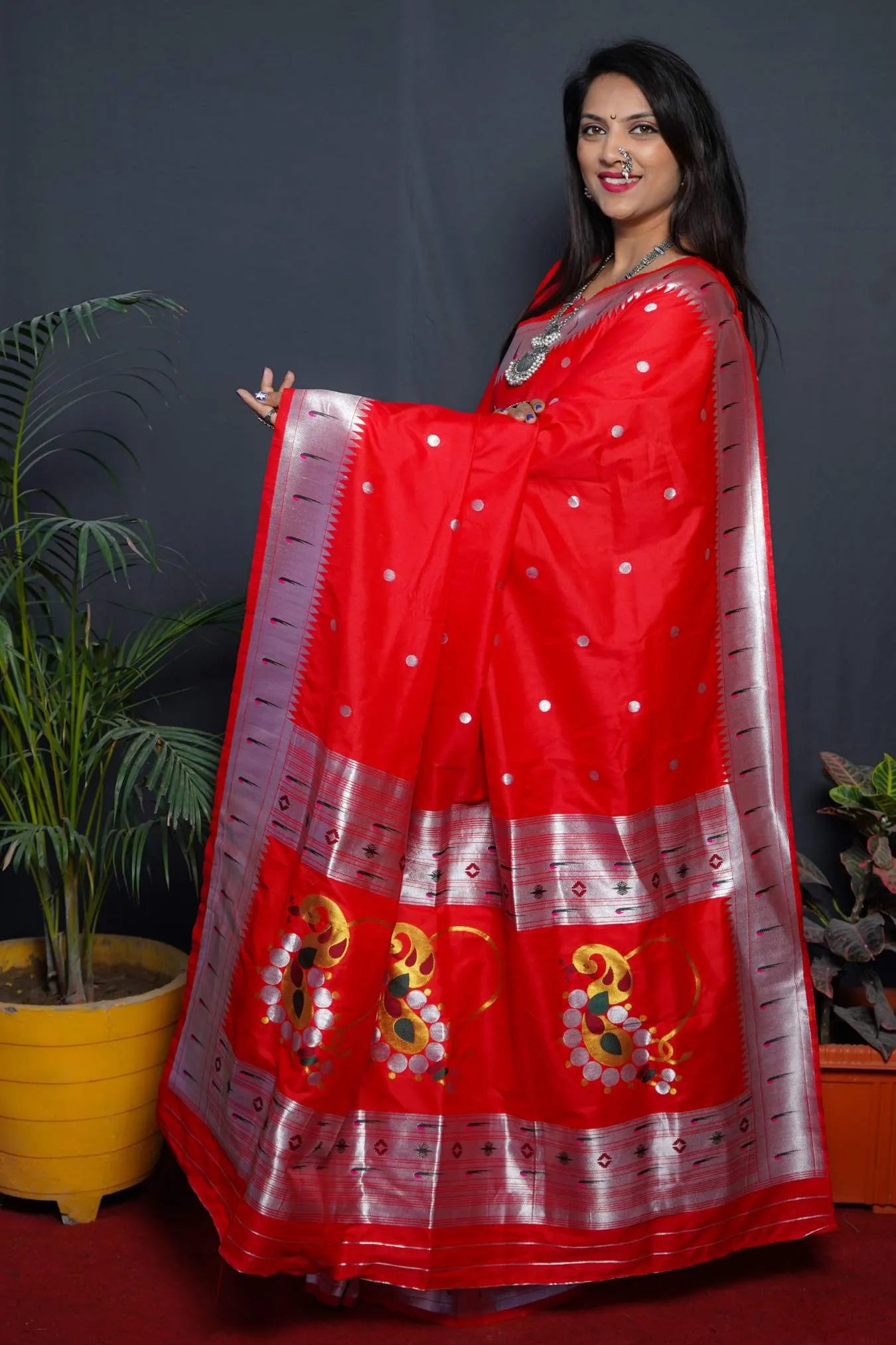 Red Colour Floral Woven Paithani Soft Silk Saree