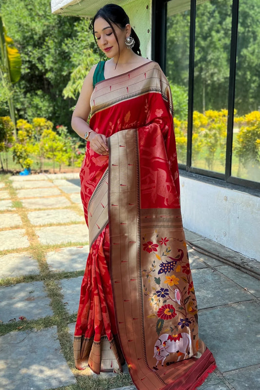 Red Colour Floral Woven Soft Paithani Silk Saree 