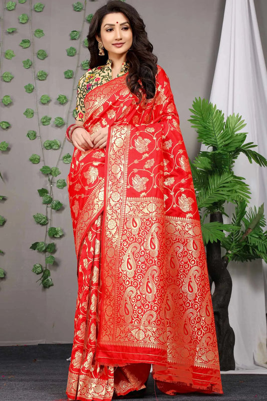 Red Colour Indian Wearing Banarasi Silk Saree