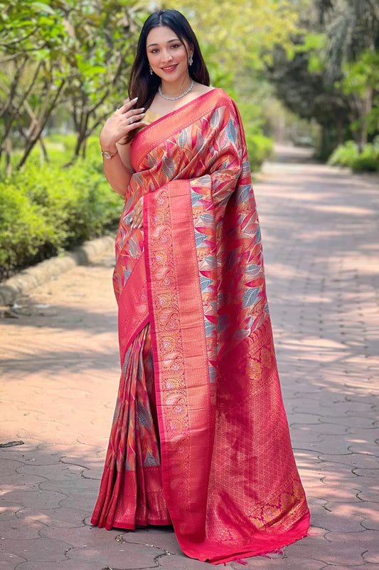Red Colour Leaf Floral Designer Kanjivaram Silk Saree