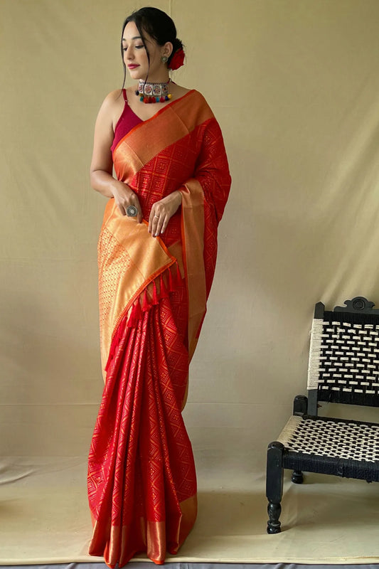 Red Colour Patola Silk Saree with Golden Zari Weaving Border