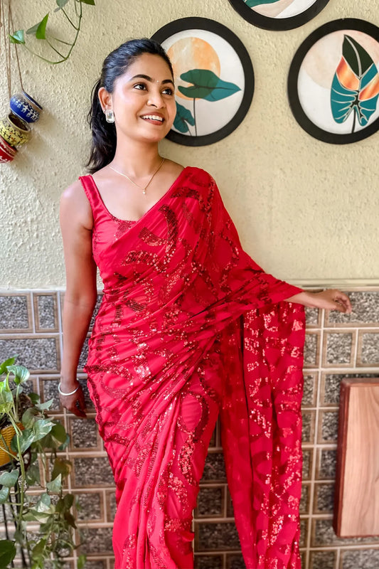 Red Colour Georgette Silk Saree with Beautiful Sequence Work