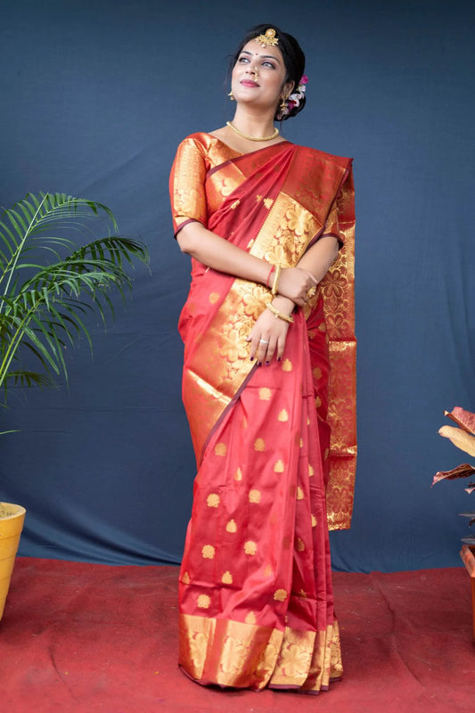 Red Colour Zari Weaving Banarasi Silk Saree