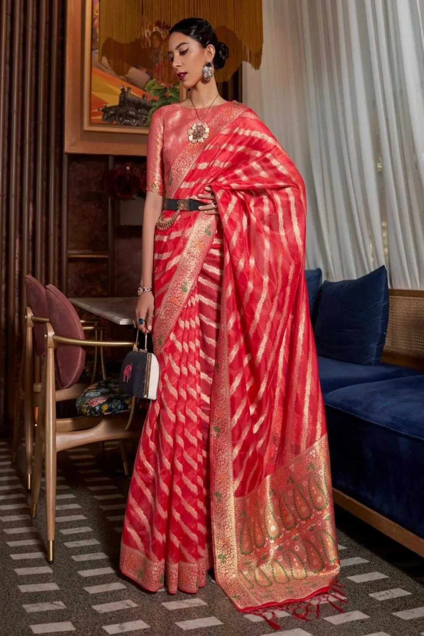 Red Colour Zari Woven Organza Silk Saree