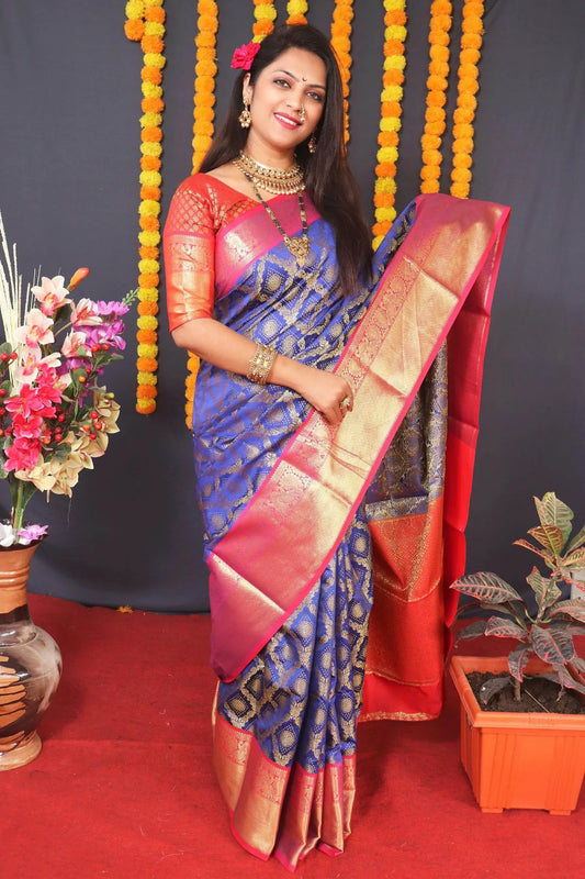 Royal Blue Colour Elegant Kanjivaram Handloom Silk Saree