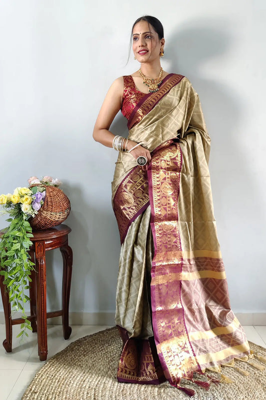 Cream Colour Ready To Wear Kanjivaram Silk Saree