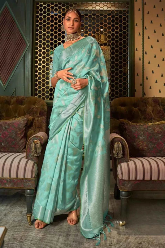 Sea Green Colour Zari Weaving Designer Banarasi Silk Saree