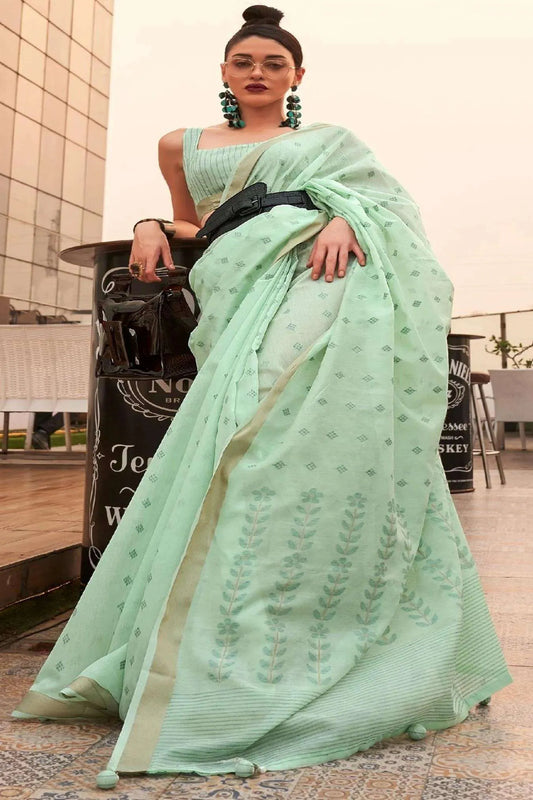 Sea Green Colour Handloom Woven Cotton Silk Saree 