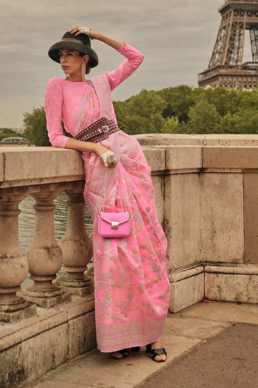 Pink Colour Traditional Woven Cotton Silk Saree