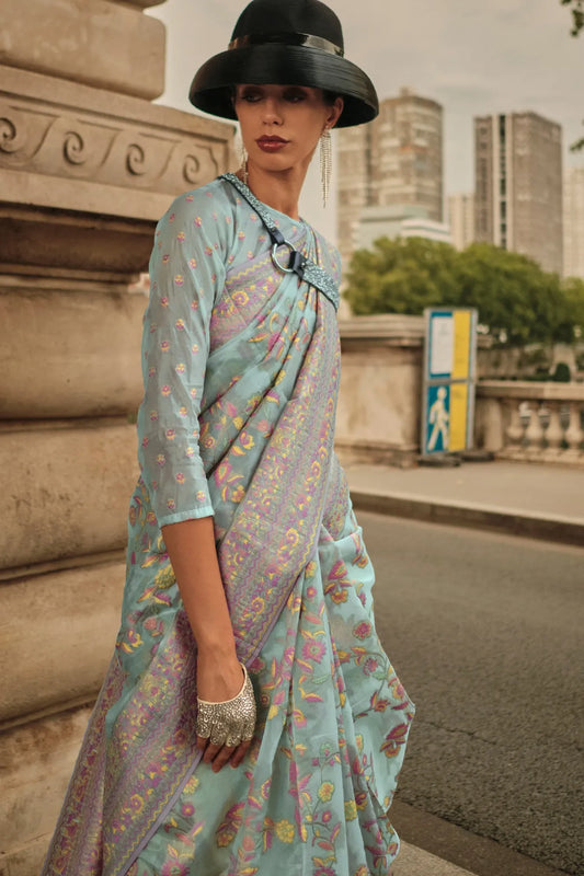 Sky Blue Colour Traditional Woven Cotton Silk Saree