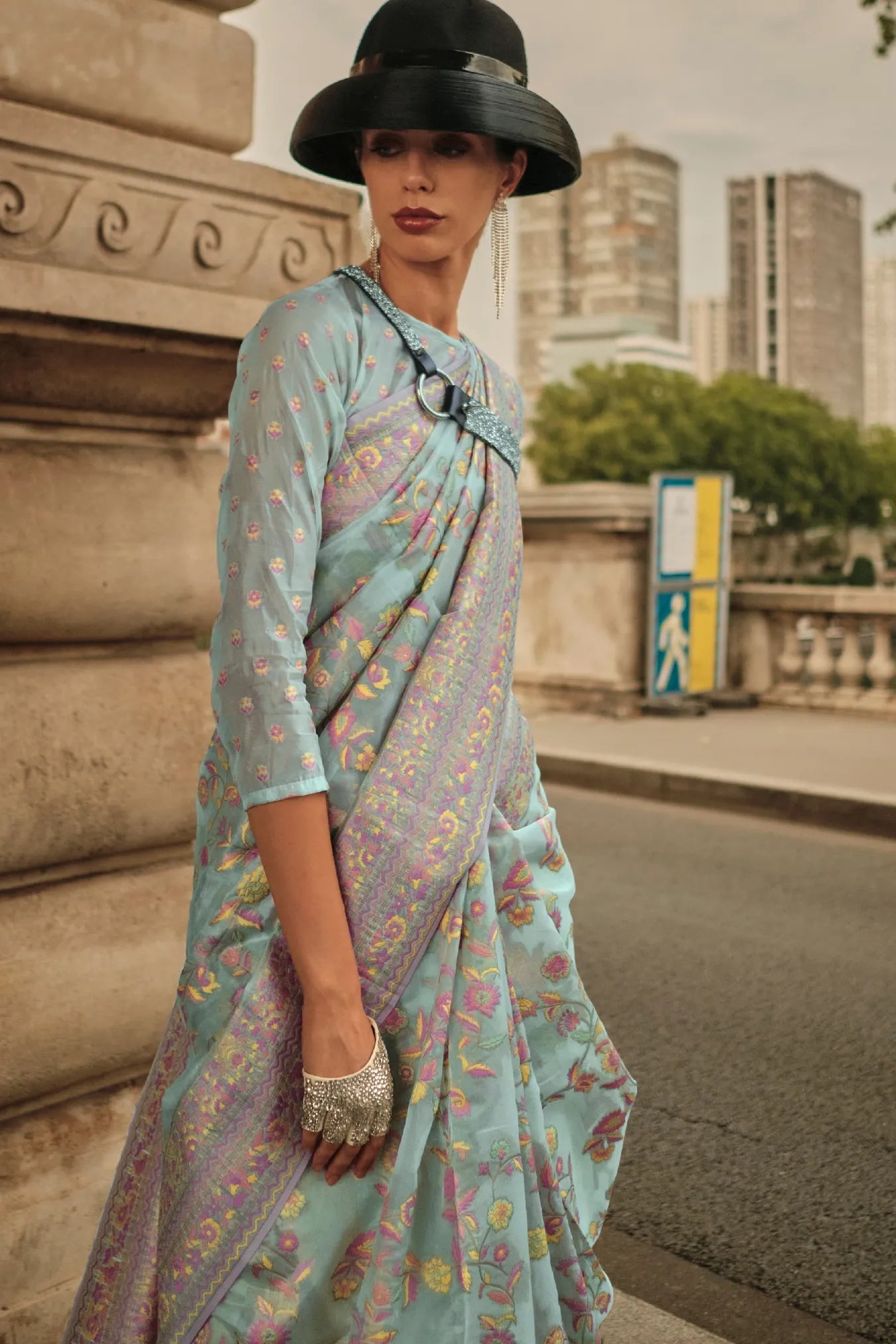 Sky Blue Colour Traditional Woven Satin Silk Saree